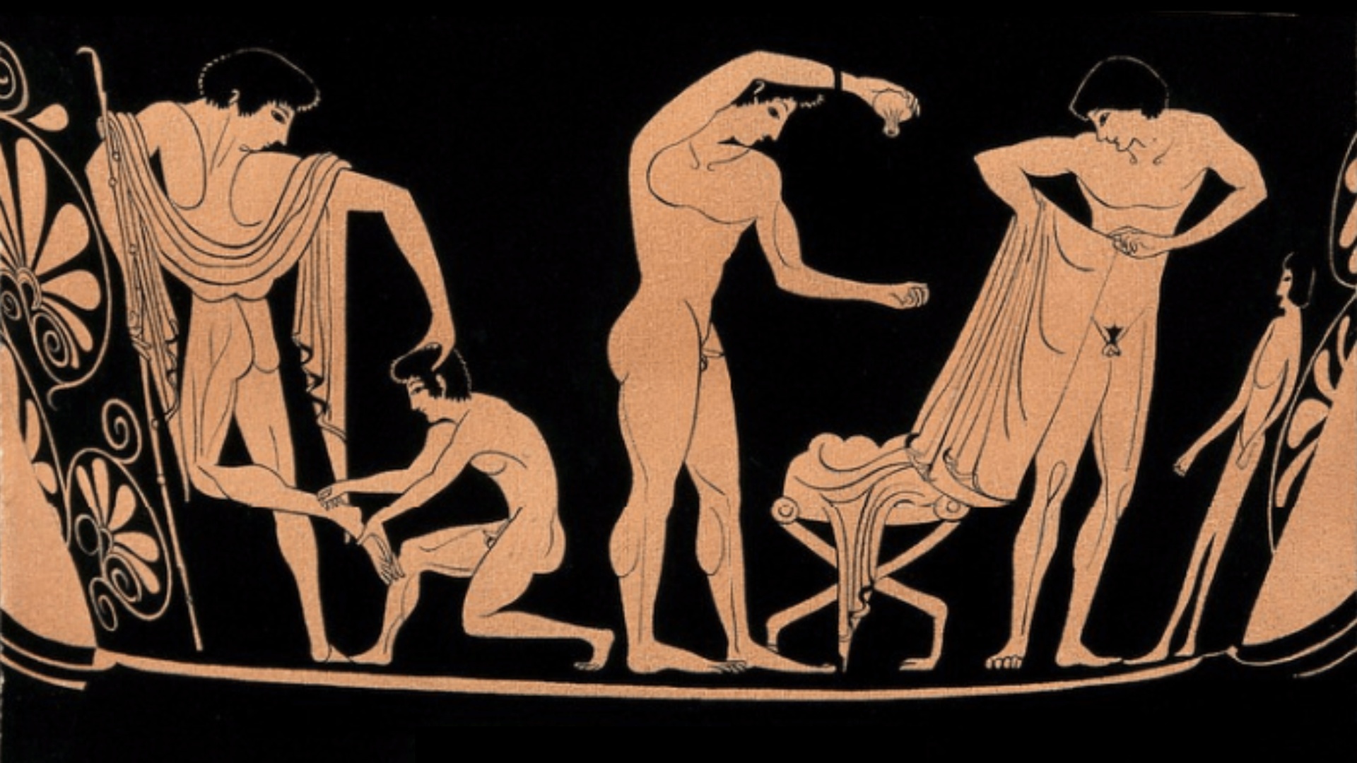 Image: Scene in a gymnasium, from an Attic krater attributed to Euphronios, late 6th century BC (Berlin Museum 2180).